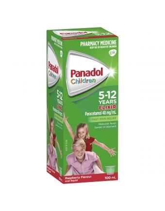 Panadol Children's 5-12 Years Elixir Oral Liquid, Fever & Pain Relief, Raspberry Flavour, 100mL