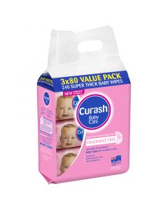 CURASH BABY WIPES FRAGRANCE FREE 3 X 80 PACK